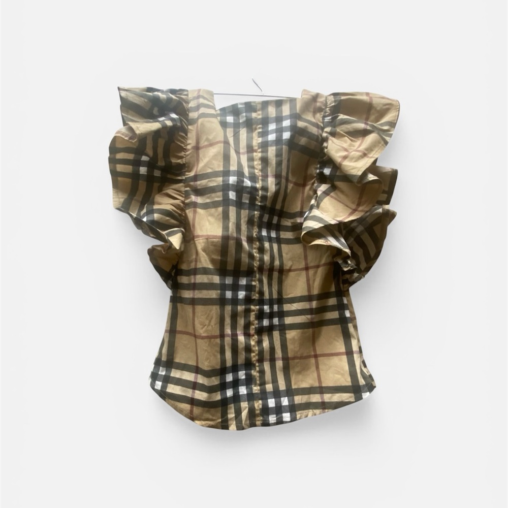Plaid Ruffle Sleeve Top in Tan